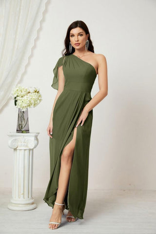 Robe de demoiselle d'honneur longue en mousseline de soie à volants et à une épaule, coupe trapèze, robe de soirée formelle fendue sur le côté, 2809