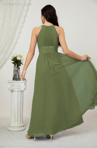 Baoleely Formal Party Gown Dress Chiffon Halter Long Sleeveless Bridesmaid Dresses 2802