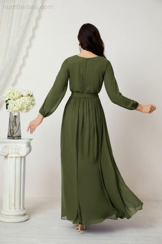 Sunnderly Evening Dresses Deep V-Neck Chiffon Bridesmaid Dresses Long Bishop Sleeve Side Split Formal Dress SY2806