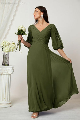 Baoleely  Formal Prom Gown Women V-Neck Chiffon Bridesmaid Dresses Long Bishop Sleeve Party Dress 2807