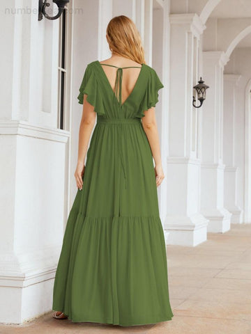 Baoleely Women's Open Back Formal Evening Party Prom Gowns V-Neck Long Chiffon Bridesmaid Dresses with Waist Belt 28038