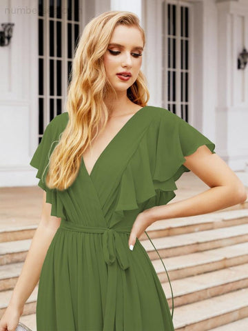 Baoleely Women's Open Back Formal Evening Party Prom Gowns V-Neck Long Chiffon Bridesmaid Dresses with Waist Belt 28038