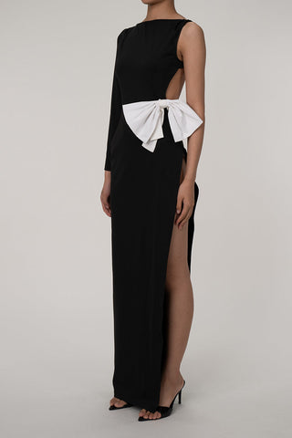Robe de soirée maxi asymétrique à encolure bateau, découpe et grand nœud papillon - Noire 
