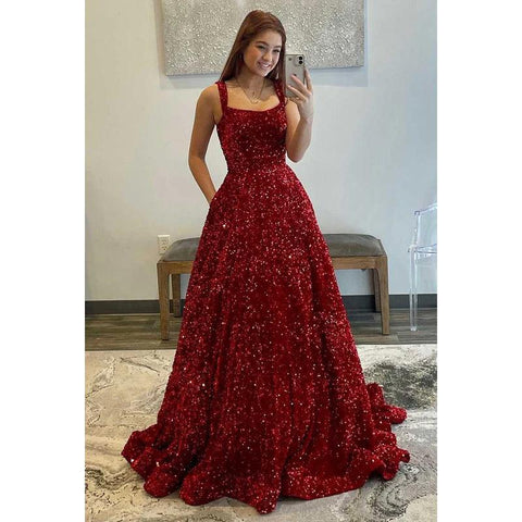 Robe de bal longue trapèze à paillettes et col carré avec traîne