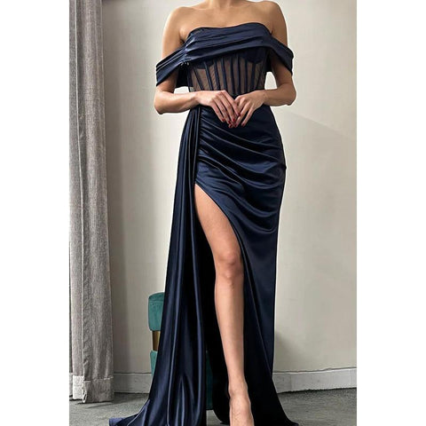 Sheath/Column Off-Shoulder Satin Pleats Sleeveless Prom Evening Formal Dress