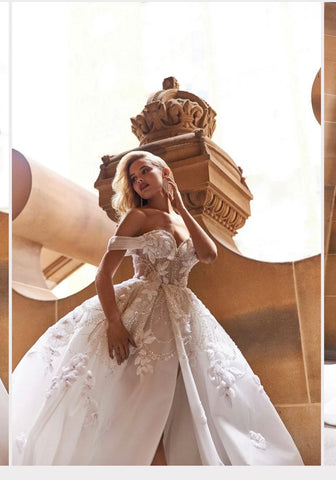 Long Ball Gown Off the Shoulder Sequined Applique Lace Wedding Dresses with Slit