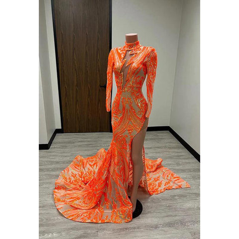 Vestido formal de noche para graduación, corte tubo, cuello alto, lentejuelas, abertura, mangas largas