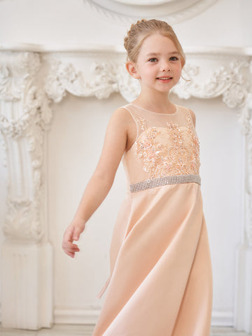 A-line Satin Tulle Sweep Train Champagne Dress (010226776)