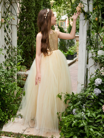 Ball-Gown/Princess Tulle Floor-length Champagne Flower Girl Dress