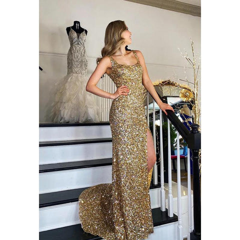 Vestido de fiesta sin mangas con abertura y lentejuelas y tirantes finos