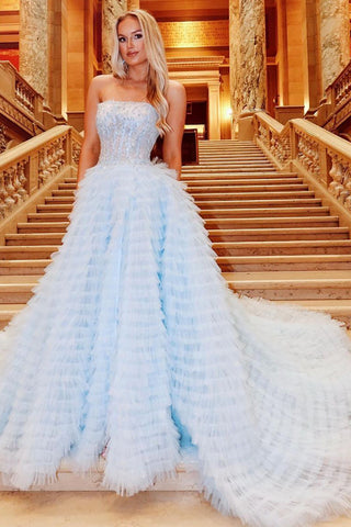 A Line Strapless Light Blue Long Prom Dress with Ruffles