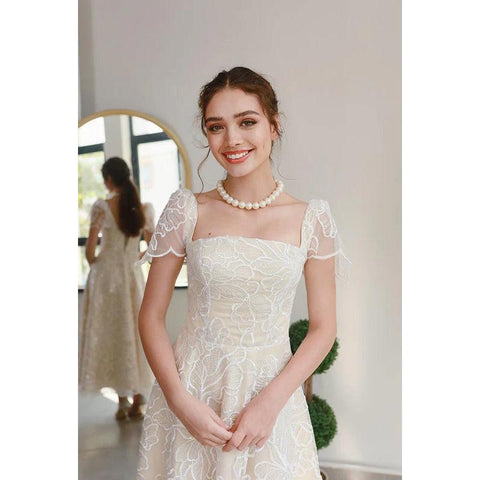 Vestido de fiesta de noche con escote cuadrado, mangas de copa, estampado de tul, corte A, largo hasta la rodilla