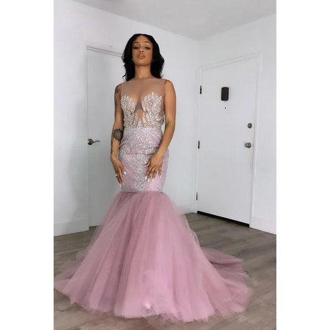 Robe de soirée longue sirène en tulle transparent avec appliques à paillettes