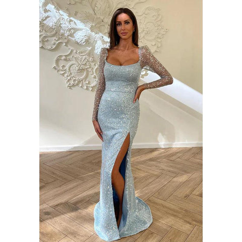 Elegante y lujoso vestido de fiesta de graduación con mangas largas cuadradas, corte sirena brillante y abertura lateral