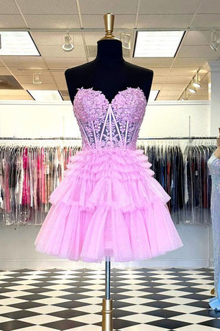 Lindo vestido de fiesta de línea A, escote corazón, corsé rosa claro con volantes