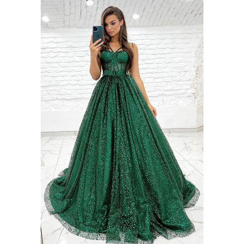 Vestido de fiesta brillante de corte A con tirantes finos y bolsillos 