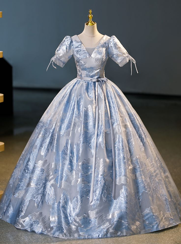 Robe de bal élégante bleue imprimée, coupe trapèze, robe de quinceañera Y7678