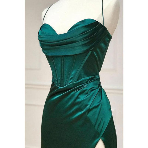 Vestido de fiesta largo con tirantes finos, pliegues y abertura alta 