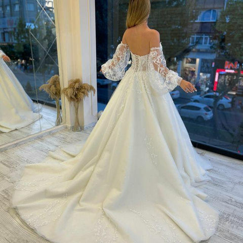 Sweetheart Tulle Wedding Dresses Off Shoulder Lace Up Appliqued Beaded Vestido De Noiva 2022 Puffed sleeves Lace Bridal Dress