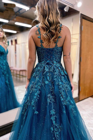 Floral Lace Glitter Tulle Prom Dress Long Ball Gown V Neck Formal Evening Dress Maxi Party Gown