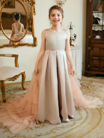 A-line Satin Tulle Sweep Train Champagne Dress (010225319)