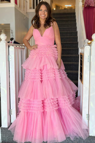 Tulle Tiered Spaghetti Straps Long Prom Dress with Slit