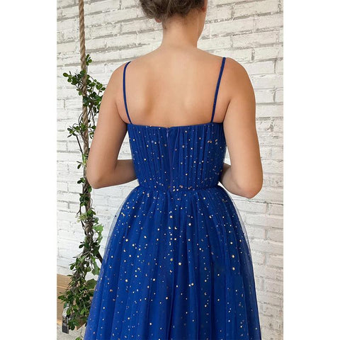 Vestido de fiesta de tul brillante con tirantes finos y estrellas, con bolsillos 