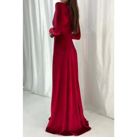 Robe de soirée longue et sexy en velours à col en V et manches longues 