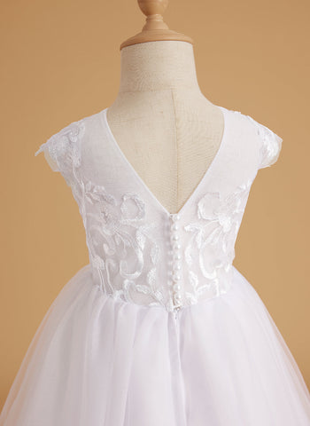 A-line Lace Tulle Sweep Train Pink Flower Girl Dress