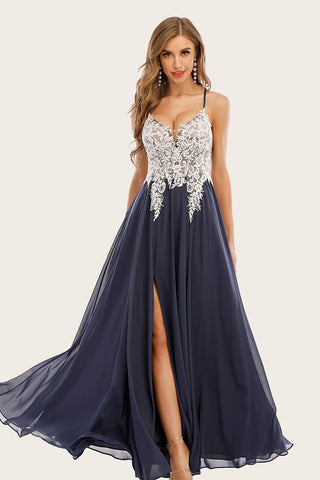 Dusty Long Chiffon Prom Dress with Lace