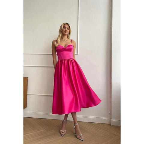 Vestido de fiesta de noche sencillo de satén fruncido, sin mangas y escote en forma de A, midi 