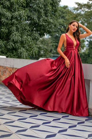 A Line Deep V Neck Burgundy Satin Prom Dress