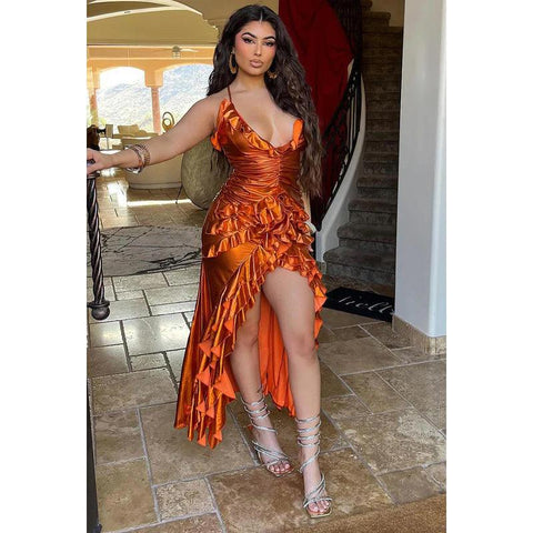 Vestidos de fiesta de noche sexys y atractivos con escote en V, abertura lateral, fruncido y espalda descubierta