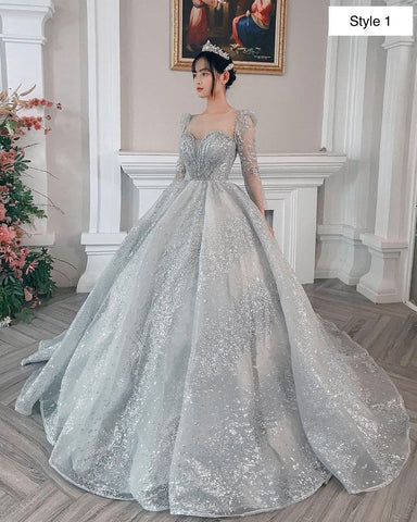 Vestido de novia moderno plateado brillante de manga larga con tul brillante Y1158