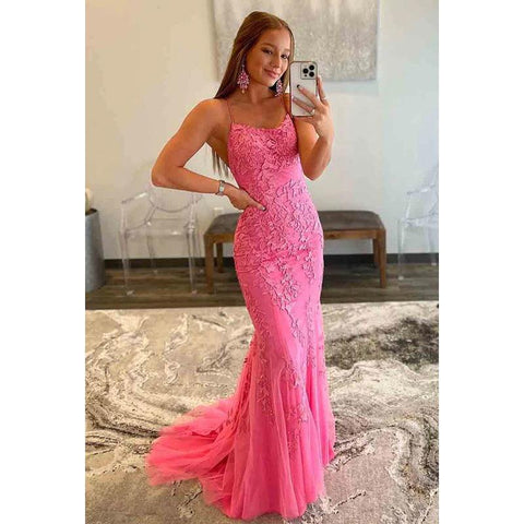 Vestido formal de noche para graduación, sin mangas, con tirantes finos y apliques de tul