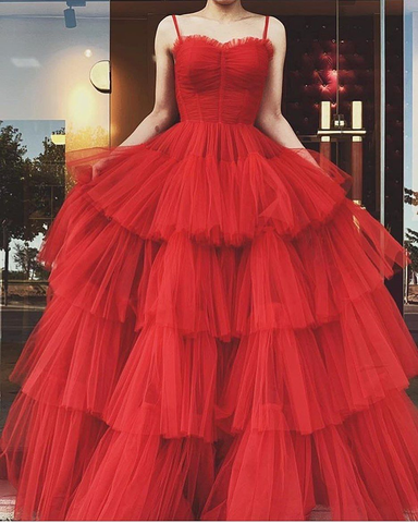 Robe de bal rouge en tulle à fines bretelles et coupe trapèze, robe de soirée rouge Y4644