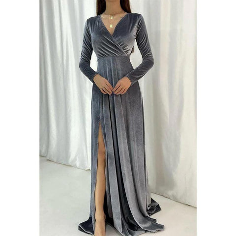 Robe de soirée longue et sexy en velours à col en V et manches longues 