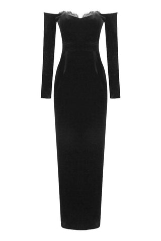 Vintage Eyelash Off Shoulder Long Sleeve Bodycon Velvet Maxi Evening Dress