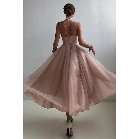 Robe de soirée simple à bretelles spaghetti et col en V 