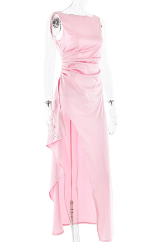 Vestidos de noche sexys de color liso con espalda descubierta, volantes y cuello redondo fruncido (3 colores) 