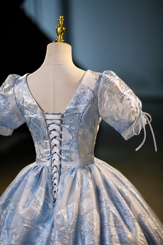 Robe de bal élégante bleue imprimée, coupe trapèze, robe de quinceañera Y7678
