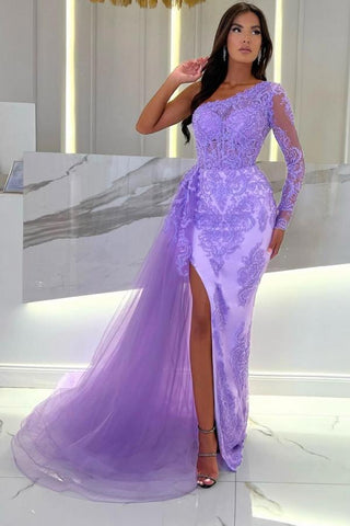 Lilac One Shoulder Long Sleeves Evening Dress Lace Appliques With Slit