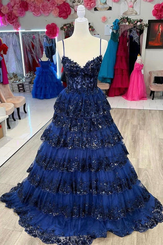 A Line Spaghetti Straps Tiered Lace Prom Dress