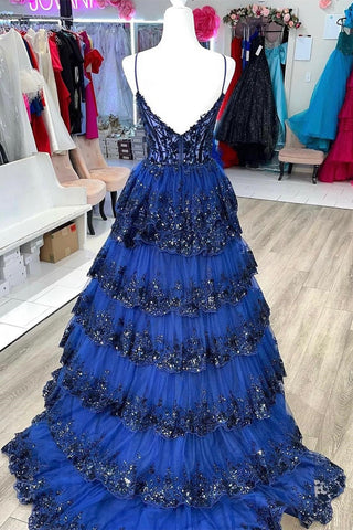 A Line Spaghetti Straps Tiered Lace Prom Dress