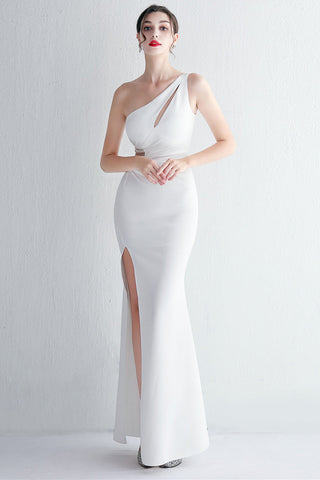 One Shoulder Black Long Prom Dress with Split Front