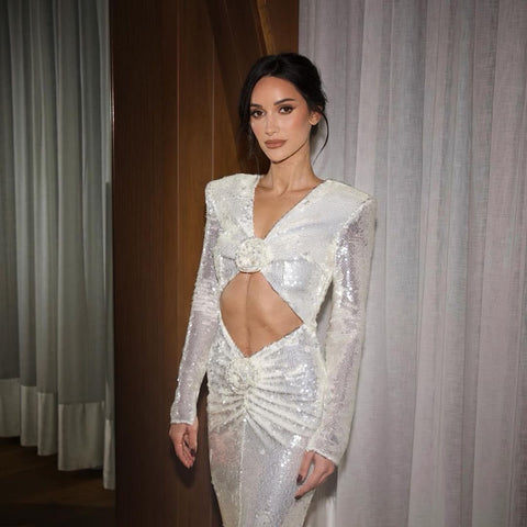 Hollow Out Sequin Deep V Maxi Prom Dress