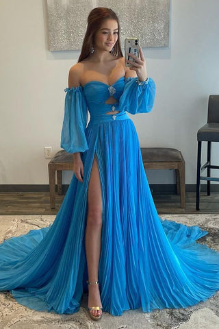 A Line Sweetheart Blue Long Prom Dress with Split Front