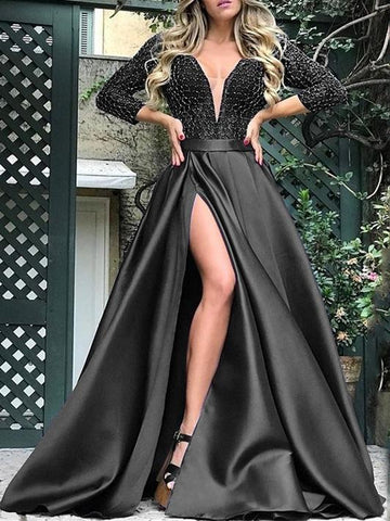 Robe de soirée bronzée à col en V et fente pour banquet 