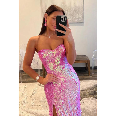 Glamoroso vestido de noche para fiesta de graduación, sin mangas, con hombros descubiertos y abertura lateral con lentejuelas