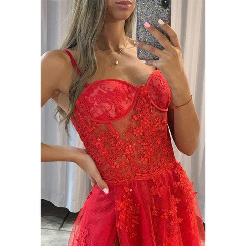 Women'traps Red Tulle Appliques Long Prom Dress with Slit